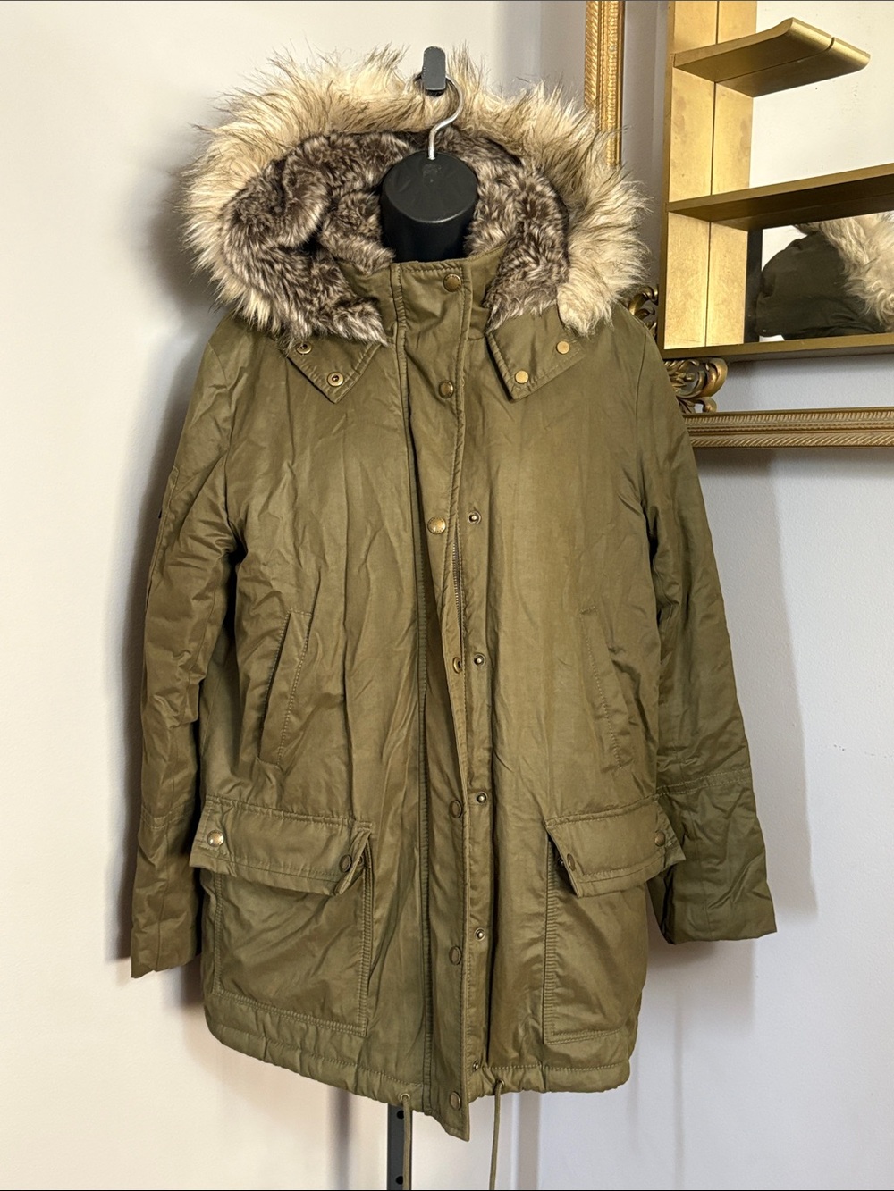 Banana Republic Small Olive Green Faux-Fur Hooded Puffer Parka Jacket Coat